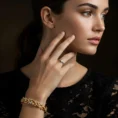 Side profile of a model wearing the nature-inspired Elora Vine gold and diamond statement bracelet.