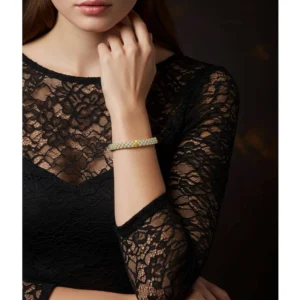 Close-up of a model wearing the Lustre Line solid gold diamond bracelet, showcasing its sleek design for everyday luxury.