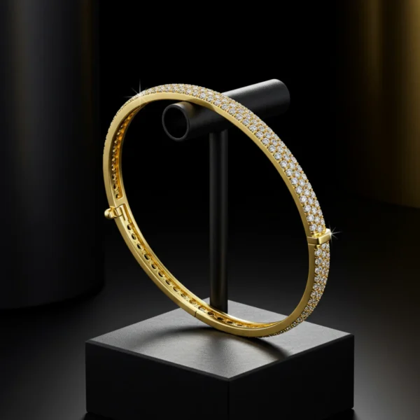 Minimalist Lustre Line 18k gold bangle encrusted with three rows of diamonds, displayed on a black jewelry stand.