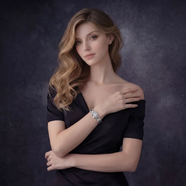 A woman in an elegant black off-the-shoulder dress wearing a luxury square-faced watch with a diamond bezel.