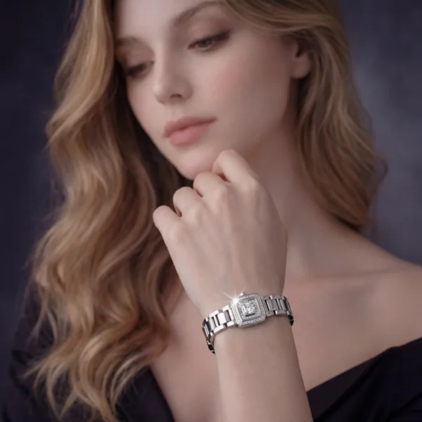 A lifestyle shot of a woman with blonde hair wearing a square diamond-faced watch, highlighting the sparkle of the jewelry.