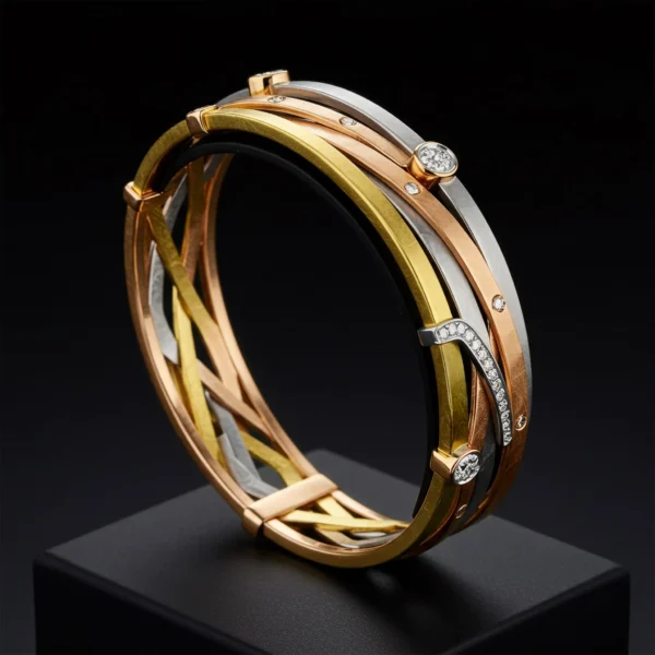 18k gold white gold and rose gold interlocking diamond bracelet on display