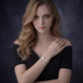 A portrait of a woman showcasing a sparkling geometric diamond bracelet on her wrist against a dark background.
