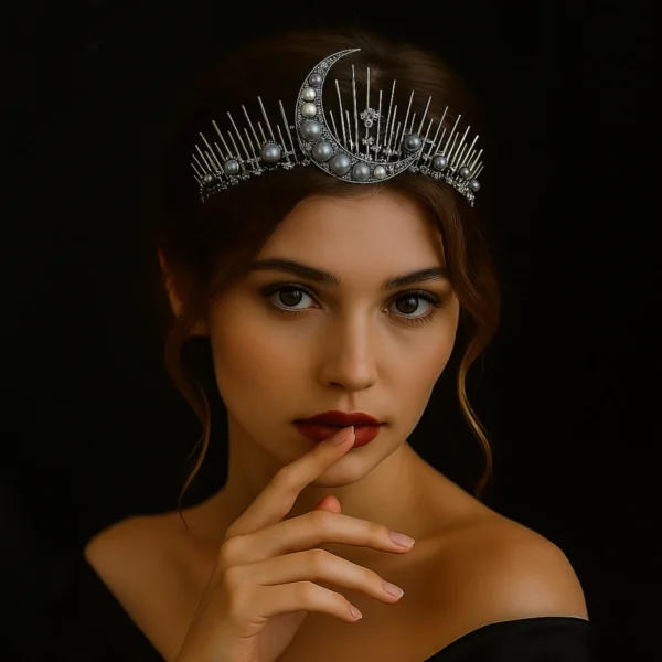 Woman wearing the silver Ayla Tiara with moon motif.