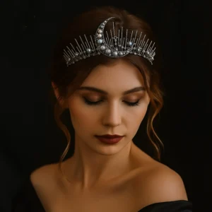 Close-up of Ayla Tiara worn by a model against dark background.