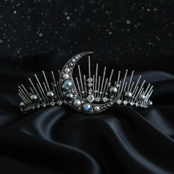 Ayla Tiara with celestial moon and pearls on black silk.