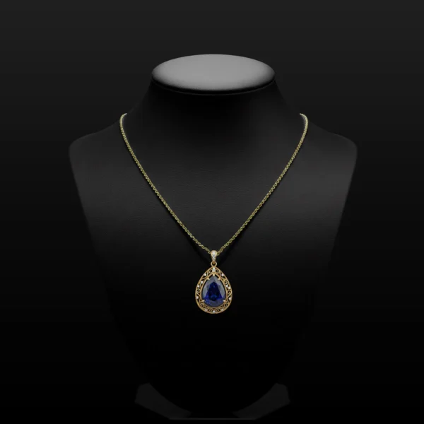 Azure Majesty sapphire pendant on a black jewelry bust