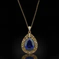Close-up of teardrop sapphire pendant with gold filigree