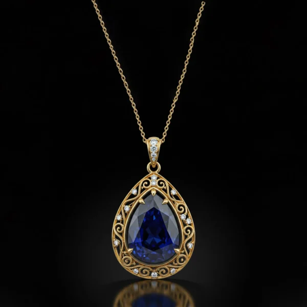 Close-up of teardrop sapphire pendant with gold filigree