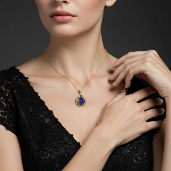 Model wearing the Azure Majesty sapphire necklace