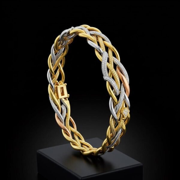 Braided 18k tri-tone gold bracelet with diamonds on black stand.