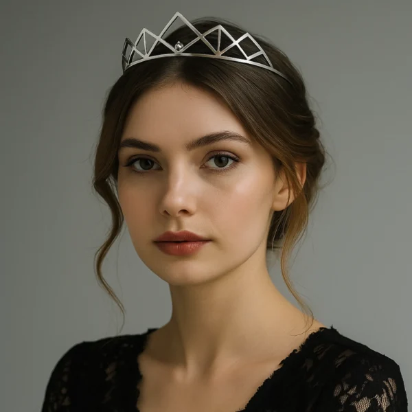 Portrait of bride wearing minimal geometric Celeste Tiara.