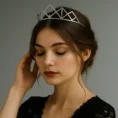 Woman wearing geometric silver Celeste Tiara.