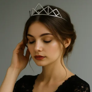 Woman wearing geometric silver Celeste Tiara.