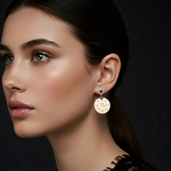 Side profile of a model wearing gold Celestigma Virgo drop earrings.