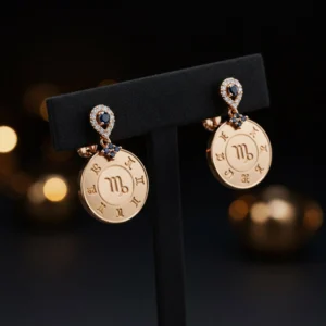 Side profile of a model wearing gold Celestigma Virgo drop earrings.