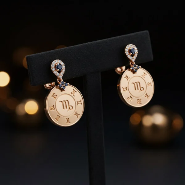 Side profile of a model wearing gold Celestigma Virgo drop earrings.