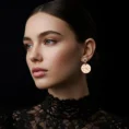 Model wearing Celestigma Virgo zodiac gold earrings with a black lace outfit.