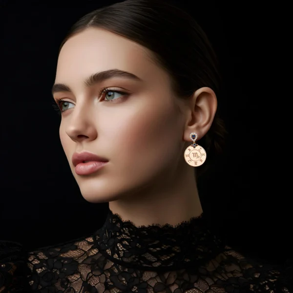 Model wearing Celestigma Virgo zodiac gold earrings with a black lace outfit.