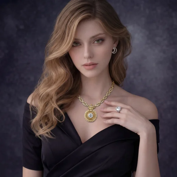 Woman in off-the-shoulder black dress showcasing the gold medallion and diamond ring.