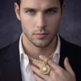 Close-up of man in a black suit wearing the gold crown medallion necklace.