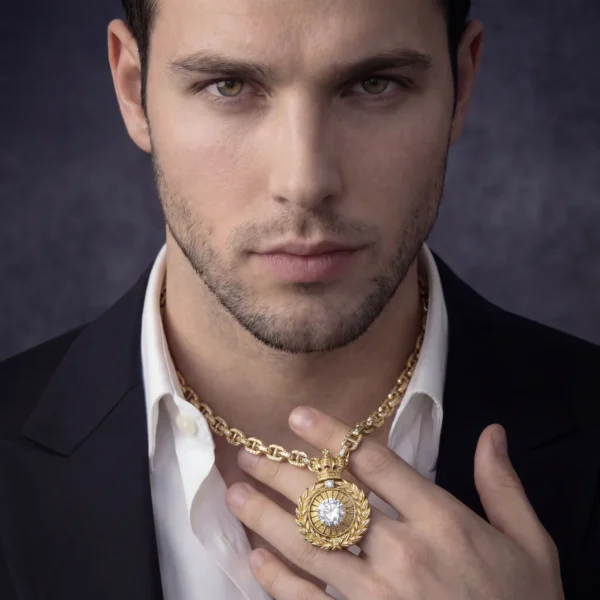 Close-up of man in a black suit wearing the gold crown medallion necklace.