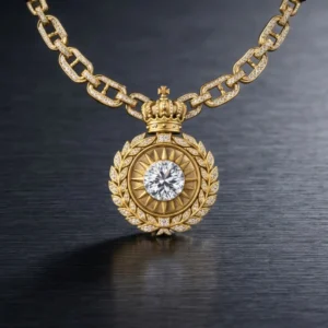 Detailed studio view of the gold crown medallion and diamond-encrusted link chain.