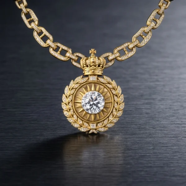 Detailed studio view of the gold crown medallion and diamond-encrusted link chain.