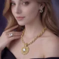 Woman wearing Chain of Command gold medallion necklace and crescent earrings.