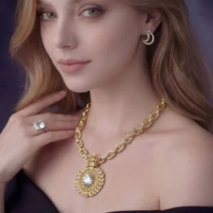 Woman wearing Chain of Command gold medallion necklace and crescent earrings.