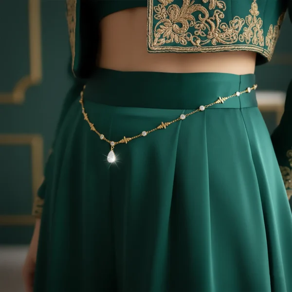 Gold Cleopatra waist chain on green dress