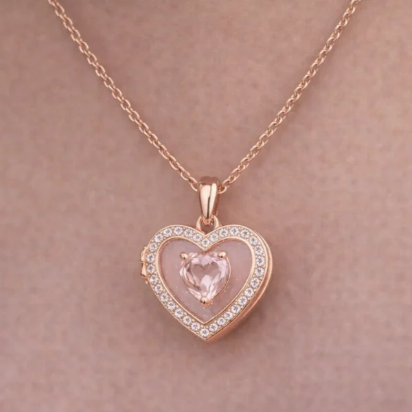 Closed rose gold heart locket featuring a pink center stone and crystal border.