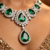 Close-up of pear-shaped emerald pendant surrounded by diamonds.