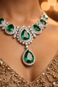 Close-up of pear-shaped emerald pendant surrounded by diamonds.