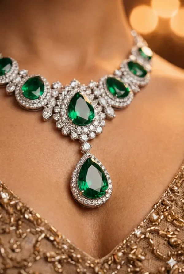 Close-up of pear-shaped emerald pendant surrounded by diamonds.