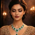 Studio portrait of a woman wearing a luxury emerald jewelry set.