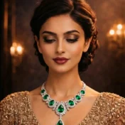 Studio portrait of a woman wearing a luxury emerald jewelry set.