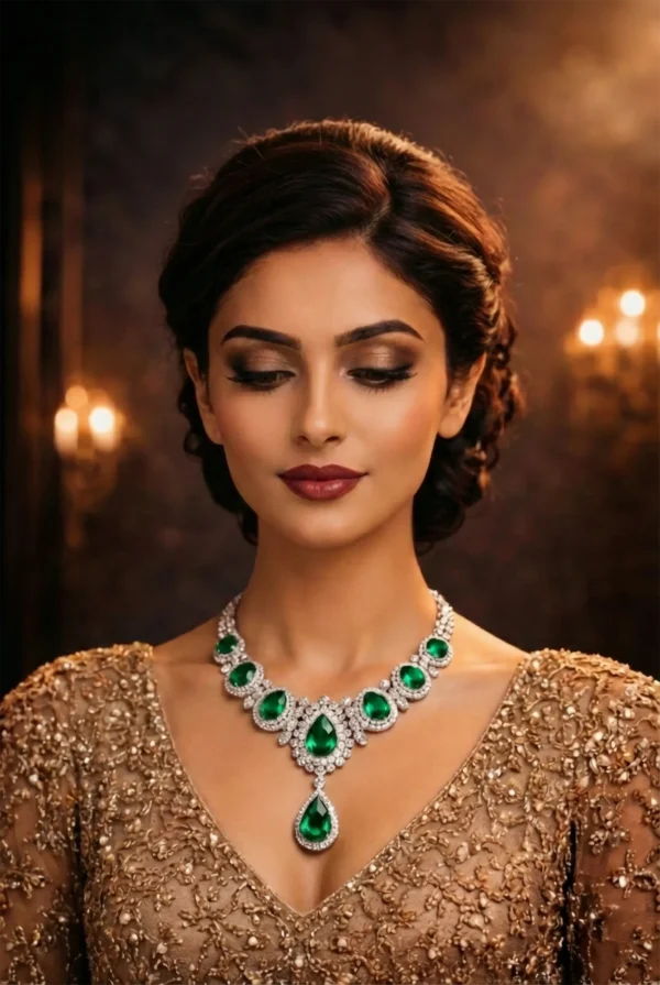 dynasty-necklace-elegant-pose Studio portrait of a woman wearing a luxury emerald jewelry set.