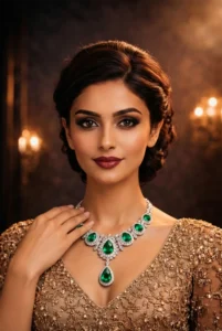 Elegant woman showcasing the Dynasty necklace with a hand to her shoulder.