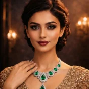 Elegant woman showcasing the Dynasty necklace with a hand to her shoulder.