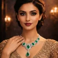 Elegant woman showcasing the Dynasty necklace with a hand to her shoulder.