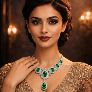 Elegant woman showcasing the Dynasty necklace with a hand to her shoulder.