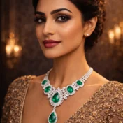 Elegant woman showcasing the Dynasty necklace with a hand to her shoulder.