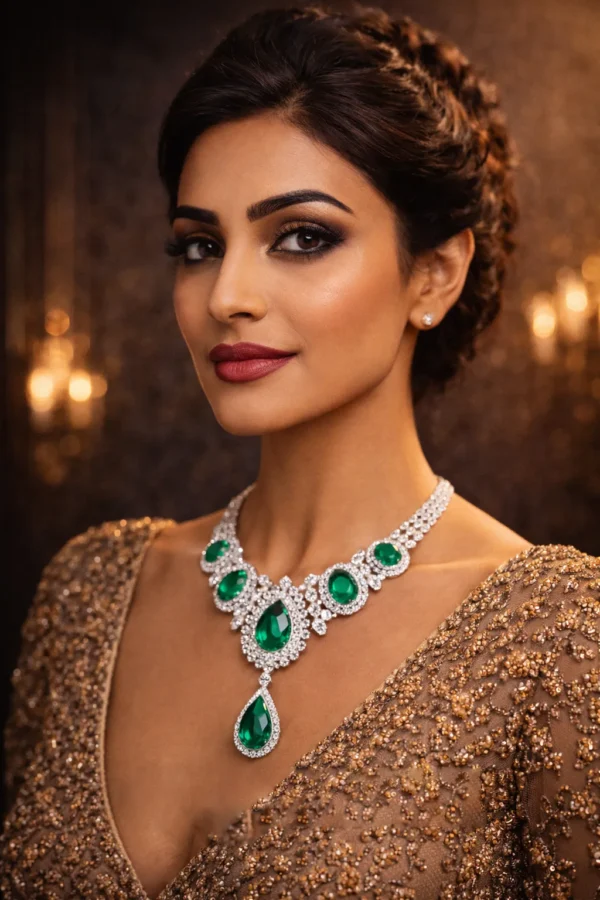 Elegant woman showcasing the Dynasty necklace with a hand to her shoulder.