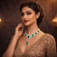 Woman in a gold sequin dress wearing the Dynasty emerald necklace.