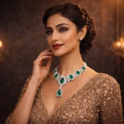 Woman in a gold sequin dress wearing the Dynasty emerald necklace.