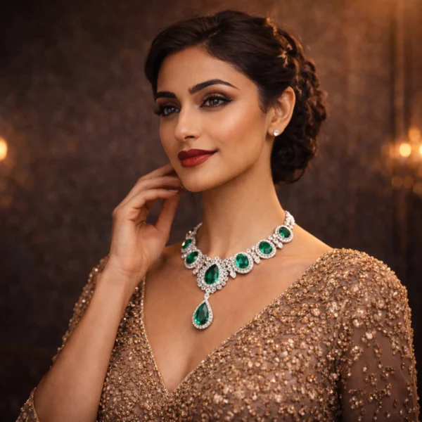 Woman in a gold sequin dress wearing the Dynasty emerald necklace.