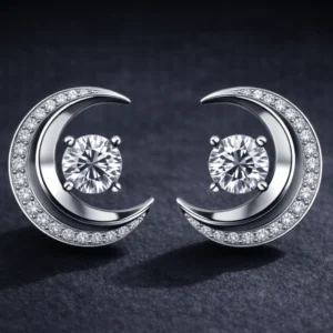 Pair of silver crescent moon diamond earrings