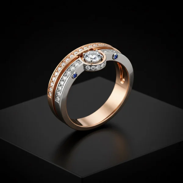 ecliptia-diamond-ring-close-up Two-tone Ecliptia diamond ring with blue accents