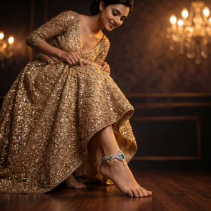 Luxury silver anklet with emerald gemstone on model